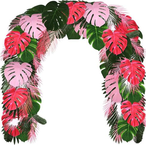 Giegxin 46 Pcs Tropical Artificial Palm Leaves Monstera Decoration Green Hot Pink Set for Flamingo Luau Hawaiian Aloha Theme Party Summer Beach Tropical Birthday Baby Shower Wedding Home Decor in Saudi Arabia