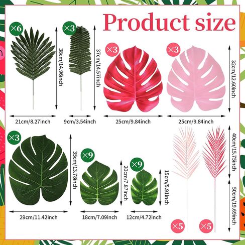 Giegxin 46 Pcs Tropical Artificial Palm Leaves Monstera Decoration Green Hot Pink Set for Flamingo Luau Hawaiian Aloha Theme Party Summer Beach Tropical Birthday Baby Shower Wedding Home Decor in Saudi Arabia