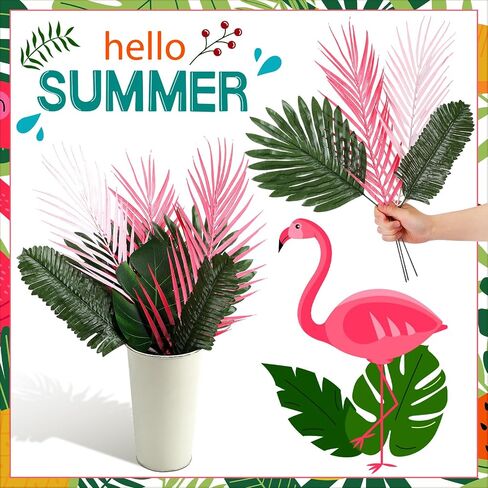 Giegxin 46 Pcs Tropical Artificial Palm Leaves Monstera Decoration Green Hot Pink Set for Flamingo Luau Hawaiian Aloha Theme Party Summer Beach Tropical Birthday Baby Shower Wedding Home Decor in Saudi Arabia