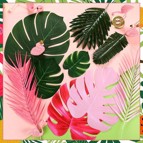 Giegxin 46 Pcs Tropical Artificial Palm Leaves Monstera Decoration Green Hot Pink Set for Flamingo Luau Hawaiian Aloha Theme Party Summer Beach Tropical Birthday Baby Shower Wedding Home Decor in Saudi Arabia