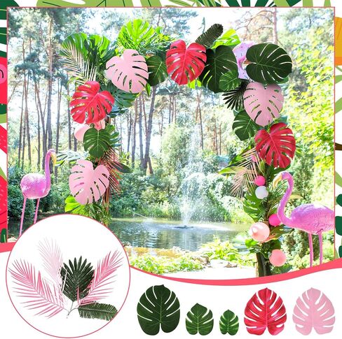 Giegxin 46 Pcs Tropical Artificial Palm Leaves Monstera Decoration Green Hot Pink Set for Flamingo Luau Hawaiian Aloha Theme Party Summer Beach Tropical Birthday Baby Shower Wedding Home Decor in Saudi Arabia