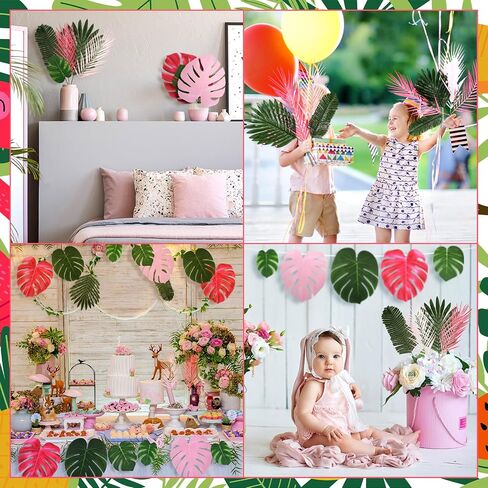 Giegxin 46 Pcs Tropical Artificial Palm Leaves Monstera Decoration Green Hot Pink Set for Flamingo Luau Hawaiian Aloha Theme Party Summer Beach Tropical Birthday Baby Shower Wedding Home Decor in Saudi Arabia