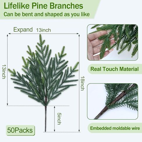 12 Pcs Realistic Christmas Pine Branches Artificial Lifelike Green Pine Stem - Real Touch for Vase DIY Crafts Flower Arrangement Home Indoor Christmas Decor(18 Inch) in Saudi Arabia