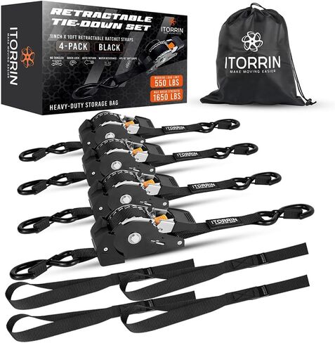 Retractable Ratchet Straps(4 PK)- 1 Inch x 10 Feet (1,650lb Break Strength)-Self Retracting Tie Down Straps for Motorcycle, ATV, Truck, Cargo, Appliance & More -Black + 4 PK Soft Loops in Saudi Arabia