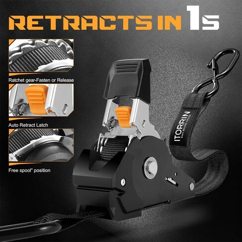 Retractable Ratchet Straps(4 PK)- 1 Inch x 10 Feet (1,650lb Break Strength)-Self Retracting Tie Down Straps for Motorcycle, ATV, Truck, Cargo, Appliance & More -Black + 4 PK Soft Loops in Saudi Arabia