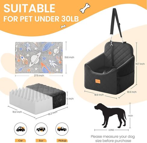 Dog Car Seat for Small Dog, Booster Seat for Dogs Under 30lb, Elevated Pet Seat with Pockets, Anti-Slip Bed for Car, Perfect for Front & Back Seats with Safety Leash (Black/Grey, Medium) in Saudi Arabia