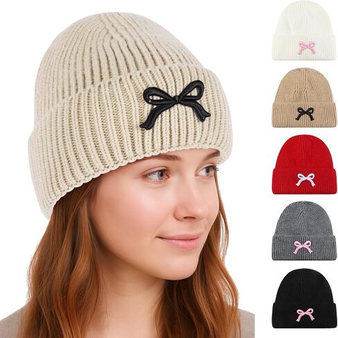 Kunyeah Women Bow Beanie Hat Winter Fashion Knitted Hat Girl Warm Floppy hat Cute Embroidery Bowknot Cap in Saudi Arabia