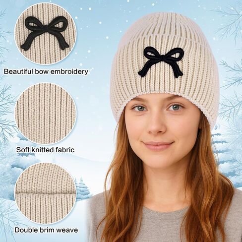 Kunyeah Women Bow Beanie Hat Winter Fashion Knitted Hat Girl Warm Floppy hat Cute Embroidery Bowknot Cap in Saudi Arabia