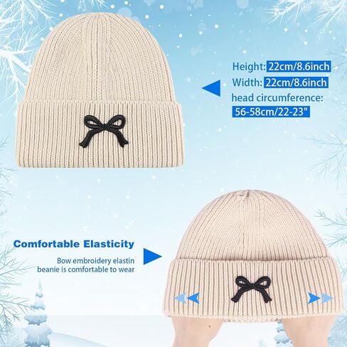 Kunyeah Women Bow Beanie Hat Winter Fashion Knitted Hat Girl Warm Floppy hat Cute Embroidery Bowknot Cap in Saudi Arabia