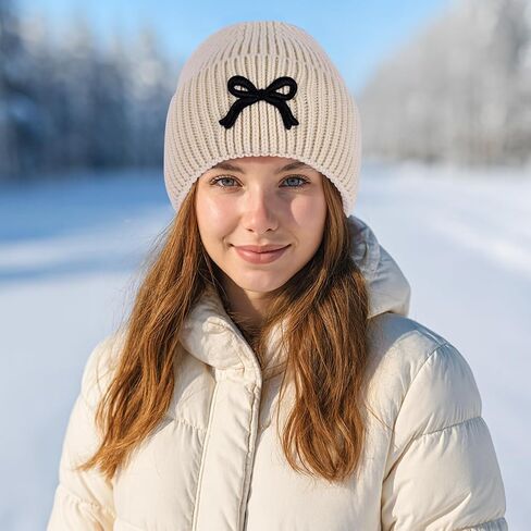 Kunyeah Women Bow Beanie Hat Winter Fashion Knitted Hat Girl Warm Floppy hat Cute Embroidery Bowknot Cap in Saudi Arabia