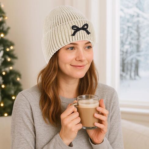 Kunyeah Women Bow Beanie Hat Winter Fashion Knitted Hat Girl Warm Floppy hat Cute Embroidery Bowknot Cap in Saudi Arabia