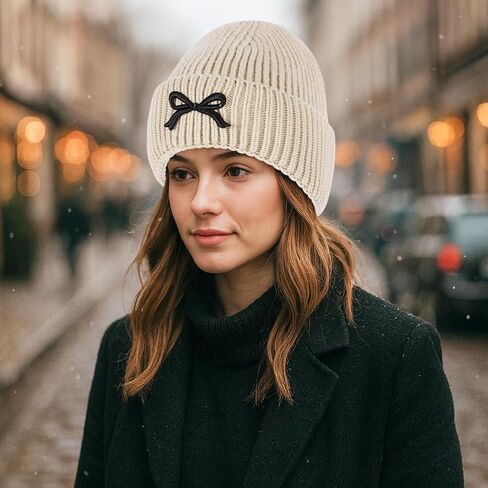 Kunyeah Women Bow Beanie Hat Winter Fashion Knitted Hat Girl Warm Floppy hat Cute Embroidery Bowknot Cap in Saudi Arabia