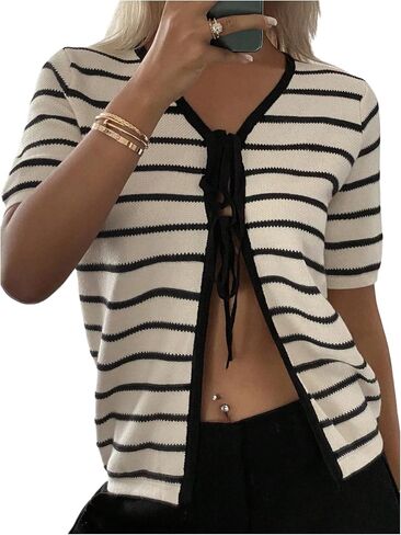 MakeMeChic Women's Striped Sweater Tie Front Cardigan V Neck Short Sleeve Knitted Outerwear in Saudi Arabia