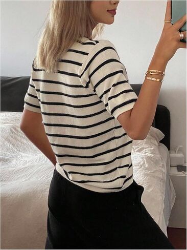 MakeMeChic Women's Striped Sweater Tie Front Cardigan V Neck Short Sleeve Knitted Outerwear in Saudi Arabia