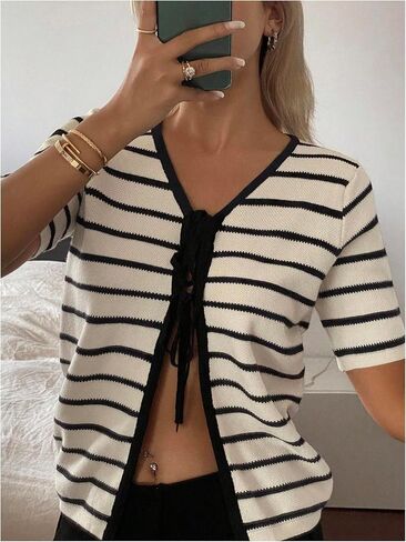 MakeMeChic Women's Striped Sweater Tie Front Cardigan V Neck Short Sleeve Knitted Outerwear in Saudi Arabia