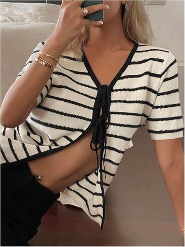 MakeMeChic Women's Striped Sweater Tie Front Cardigan V Neck Short Sleeve Knitted Outerwear in Saudi Arabia