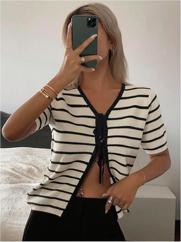 MakeMeChic Women's Striped Sweater Tie Front Cardigan V Neck Short Sleeve Knitted Outerwear in Saudi Arabia