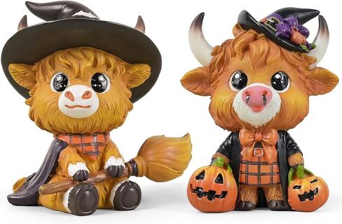 2PCS Cute Halloween Highland Cow Figurine Halloween Witch Hat Pumpkin Broom Cow Gnomes Resin Statue Scottish Highland Cow Statue Calf Lovers Gifts Farmhouse Office Home Tiered Tray Decor in Saudi Arabia