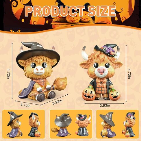2PCS Cute Halloween Highland Cow Figurine Halloween Witch Hat Pumpkin Broom Cow Gnomes Resin Statue Scottish Highland Cow Statue Calf Lovers Gifts Farmhouse Office Home Tiered Tray Decor in Saudi Arabia