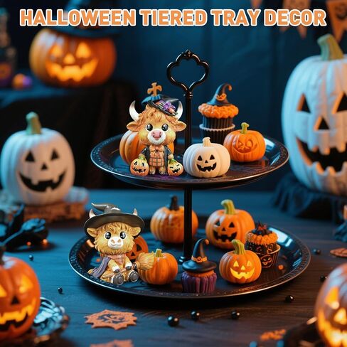 2PCS Cute Halloween Highland Cow Figurine Halloween Witch Hat Pumpkin Broom Cow Gnomes Resin Statue Scottish Highland Cow Statue Calf Lovers Gifts Farmhouse Office Home Tiered Tray Decor in Saudi Arabia