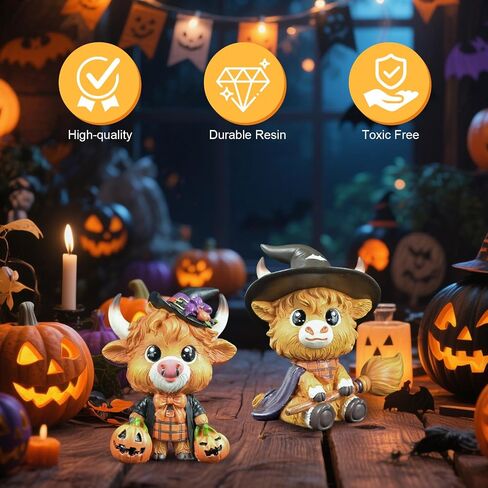 2PCS Cute Halloween Highland Cow Figurine Halloween Witch Hat Pumpkin Broom Cow Gnomes Resin Statue Scottish Highland Cow Statue Calf Lovers Gifts Farmhouse Office Home Tiered Tray Decor in Saudi Arabia