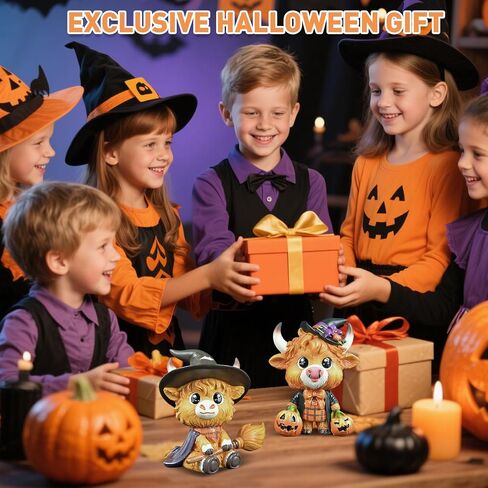 2PCS Cute Halloween Highland Cow Figurine Halloween Witch Hat Pumpkin Broom Cow Gnomes Resin Statue Scottish Highland Cow Statue Calf Lovers Gifts Farmhouse Office Home Tiered Tray Decor in Saudi Arabia