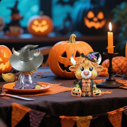 2PCS Cute Halloween Highland Cow Figurine Halloween Witch Hat Pumpkin Broom Cow Gnomes Resin Statue Scottish Highland Cow Statue Calf Lovers Gifts Farmhouse Office Home Tiered Tray Decor in Saudi Arabia