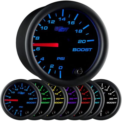 GlowShift Black 7 Color 20 PSI Turbo Boost Gauge Kit - Includes Mechanical Hose & Fittings - Black Dial - Clear Lens - for Car & Truck - 2-1/16" 52mm in Saudi Arabia