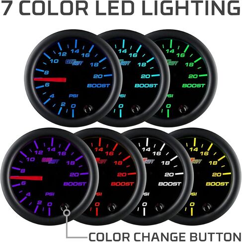 GlowShift Black 7 Color 20 PSI Turbo Boost Gauge Kit - Includes Mechanical Hose & Fittings - Black Dial - Clear Lens - for Car & Truck - 2-1/16" 52mm in Saudi Arabia