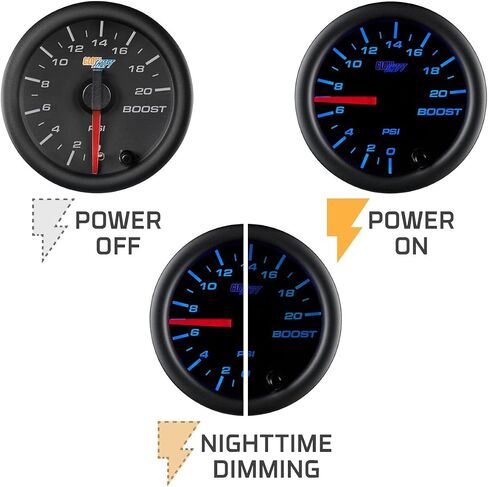 GlowShift Black 7 Color 20 PSI Turbo Boost Gauge Kit - Includes Mechanical Hose & Fittings - Black Dial - Clear Lens - for Car & Truck - 2-1/16" 52mm in Saudi Arabia