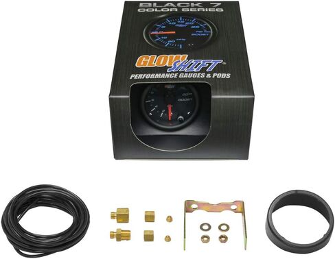 GlowShift Black 7 Color 20 PSI Turbo Boost Gauge Kit - Includes Mechanical Hose & Fittings - Black Dial - Clear Lens - for Car & Truck - 2-1/16" 52mm in Saudi Arabia
