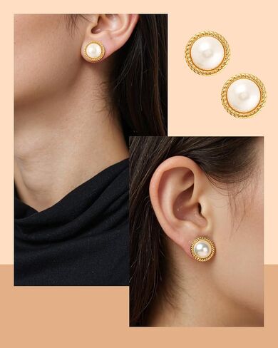 18K Gold Plated Pearl Earrings for Women, Cubic Zirconia Stone Simulated Set Diamond Earrings, Gift for Mom Daughter Sister, Anniversary Birthday Gift, Lightweight Hypoallergenic Jewelry in Kuwait