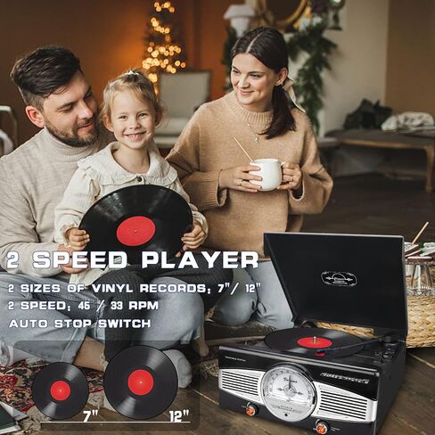 مشغل تسجيل فينيل BIGMONAT، قرص دوار بلوتوث مع مكبري صوت استريو مدمجين، مشغل قرص دوار فينيل عتيق 33/45/78 دورة في الدقيقة، راديو FM مع مقبس سماعة رأس 3.5 مم، مكبر صوت بخط L/R، غطاء غبار in Kuwait