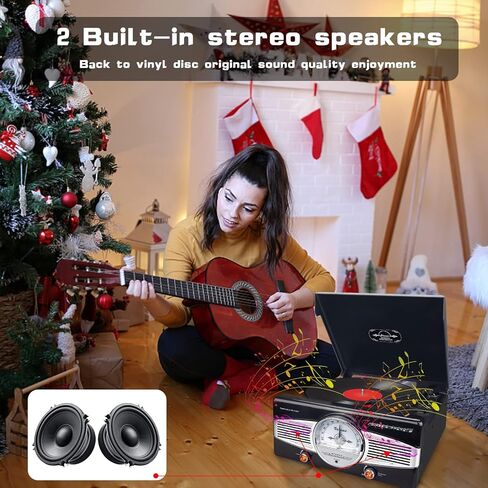 مشغل تسجيل فينيل BIGMONAT، قرص دوار بلوتوث مع مكبري صوت استريو مدمجين، مشغل قرص دوار فينيل عتيق 33/45/78 دورة في الدقيقة، راديو FM مع مقبس سماعة رأس 3.5 مم، مكبر صوت بخط L/R، غطاء غبار in Kuwait