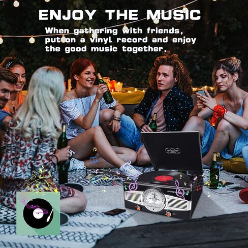 مشغل تسجيل فينيل BIGMONAT، قرص دوار بلوتوث مع مكبري صوت استريو مدمجين، مشغل قرص دوار فينيل عتيق 33/45/78 دورة في الدقيقة، راديو FM مع مقبس سماعة رأس 3.5 مم، مكبر صوت بخط L/R، غطاء غبار in Kuwait