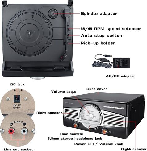 مشغل تسجيل فينيل BIGMONAT، قرص دوار بلوتوث مع مكبري صوت استريو مدمجين، مشغل قرص دوار فينيل عتيق 33/45/78 دورة في الدقيقة، راديو FM مع مقبس سماعة رأس 3.5 مم، مكبر صوت بخط L/R، غطاء غبار in Kuwait
