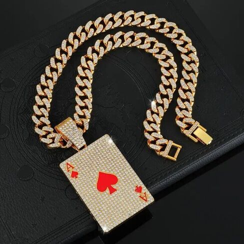 الذهب والفضة مطلي كبيرة بوكر الآس من قلوب سحر قلادة و 13 ملليمتر 20 "مثلج مكعب زركونيا سلسلة الهيب هوب نمط قلادة in Kuwait