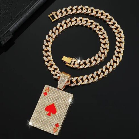 الذهب والفضة مطلي كبيرة بوكر الآس من قلوب سحر قلادة و 13 ملليمتر 20 "مثلج مكعب زركونيا سلسلة الهيب هوب نمط قلادة in Kuwait