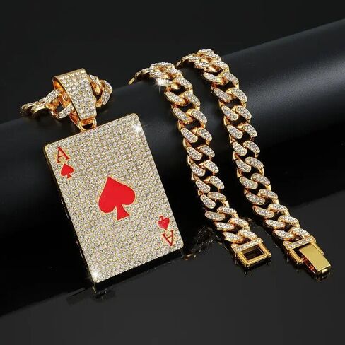 الذهب والفضة مطلي كبيرة بوكر الآس من قلوب سحر قلادة و 13 ملليمتر 20 "مثلج مكعب زركونيا سلسلة الهيب هوب نمط قلادة in Kuwait