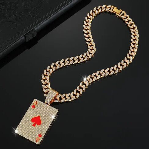الذهب والفضة مطلي كبيرة بوكر الآس من قلوب سحر قلادة و 13 ملليمتر 20 "مثلج مكعب زركونيا سلسلة الهيب هوب نمط قلادة in Kuwait
