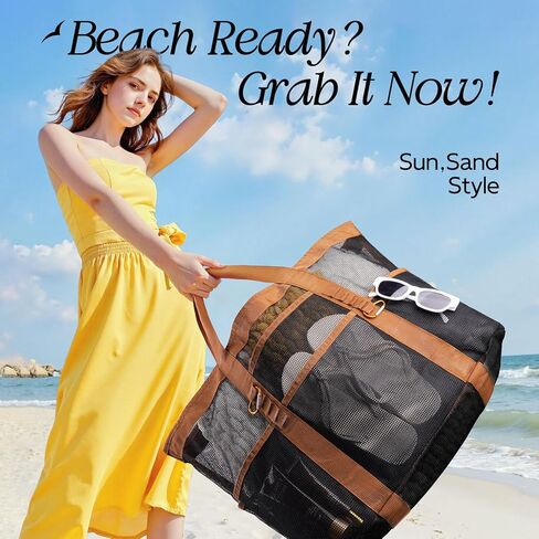 حقيبة شاطئ أنيقة وواسعة مقاس XX للنساء - 12 جيبًا، شبكة مقاومة للماء، قابلة للطي، تتضمن حلقتين تسلق in Kuwait