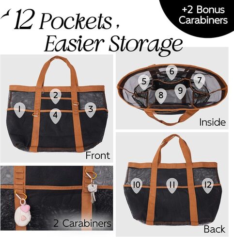 حقيبة شاطئ أنيقة وواسعة مقاس XX للنساء - 12 جيبًا، شبكة مقاومة للماء، قابلة للطي، تتضمن حلقتين تسلق in Kuwait