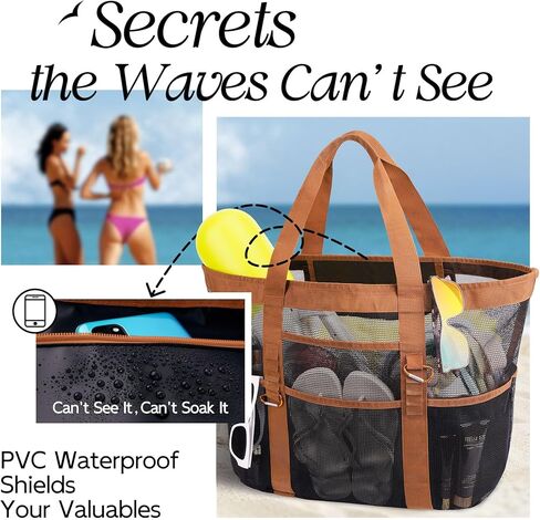 حقيبة شاطئ أنيقة وواسعة مقاس XX للنساء - 12 جيبًا، شبكة مقاومة للماء، قابلة للطي، تتضمن حلقتين تسلق in Kuwait