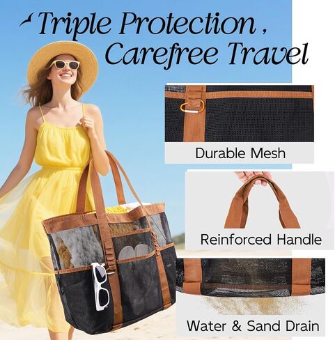 حقيبة شاطئ أنيقة وواسعة مقاس XX للنساء - 12 جيبًا، شبكة مقاومة للماء، قابلة للطي، تتضمن حلقتين تسلق in Kuwait