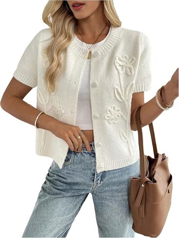 SHENHE Women's Button Down Short Sleeve Sweater Crew Neck Floral Dressy Summer Cardigan in Saudi Arabia