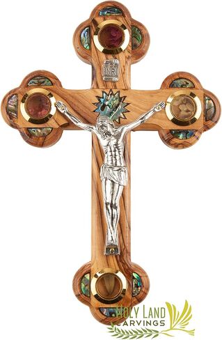 7 Inch Holy Crucifix, Olive Wood Catholic Wall Crucifix Cross Hand Carved in the Holy Land with Mother of Pearl & 4 Lenses with Holy Relics - Unique gift for Christmas or any Special Occasion in Saudi Arabia