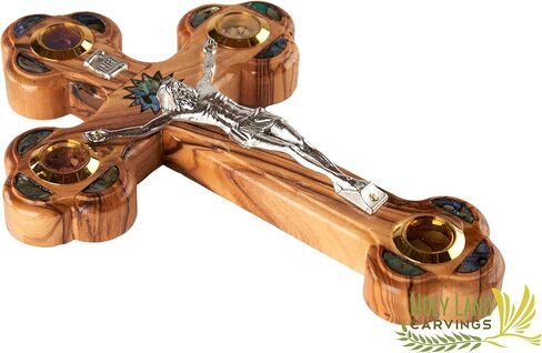 7 Inch Holy Crucifix, Olive Wood Catholic Wall Crucifix Cross Hand Carved in the Holy Land with Mother of Pearl & 4 Lenses with Holy Relics - Unique gift for Christmas or any Special Occasion in Saudi Arabia