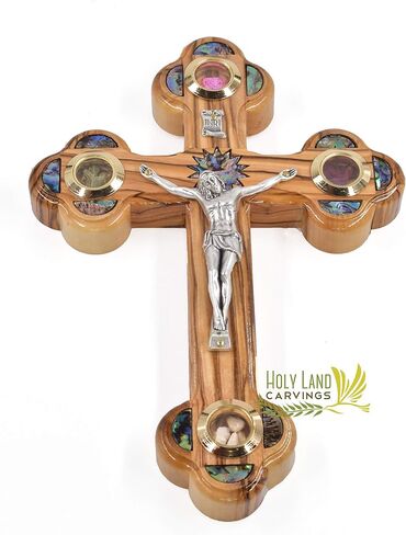 7 Inch Holy Crucifix, Olive Wood Catholic Wall Crucifix Cross Hand Carved in the Holy Land with Mother of Pearl & 4 Lenses with Holy Relics - Unique gift for Christmas or any Special Occasion in Saudi Arabia
