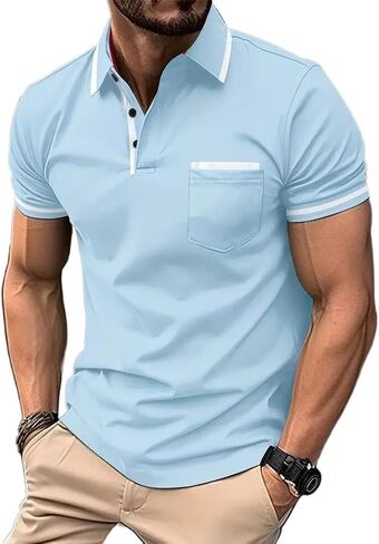 Men's Polo Shirts Short Sleeve Casual Athletic Polo T Shirt Color Block Slim Fit Golf Shirts with Pocket in Kuwait