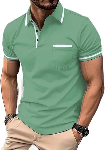 Men's Polo Shirts Short Sleeve Casual Athletic Polo T Shirt Color Block Slim Fit Golf Shirts with Pocket in Saudi Arabia